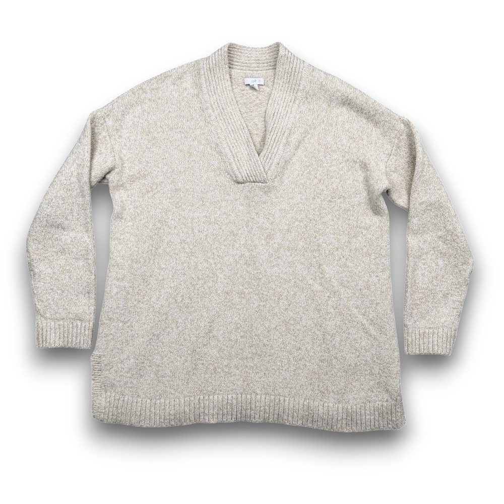 J. Jill Sweater Women M Beige V-Neck Marled Knit Long Sleeve Ribbed Trim